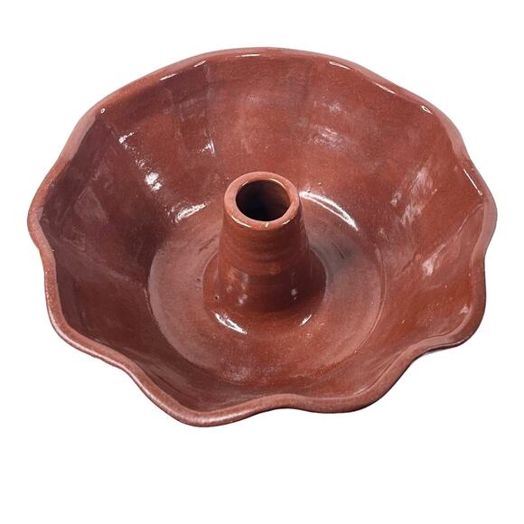 Vintage SJ Pottery BUNDT CAKE PAN 9" Redware Fluted Mold Bowl Dish Bethel MO USA - Picture 1 of 6